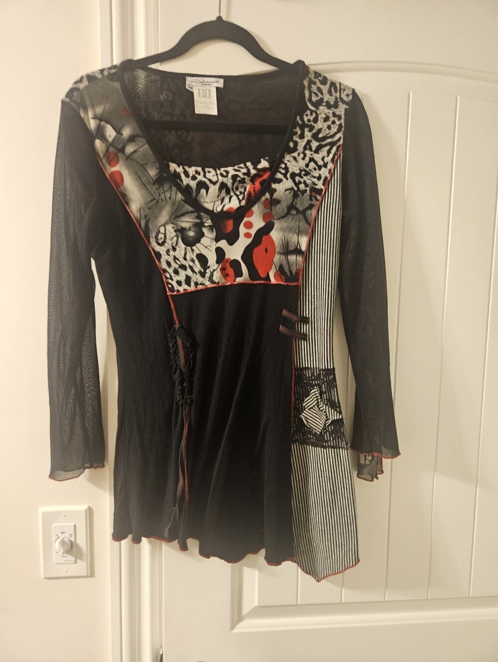 Desigual Black Sheer Mixed-Print Long Sleeve Top with Red Accents Size M